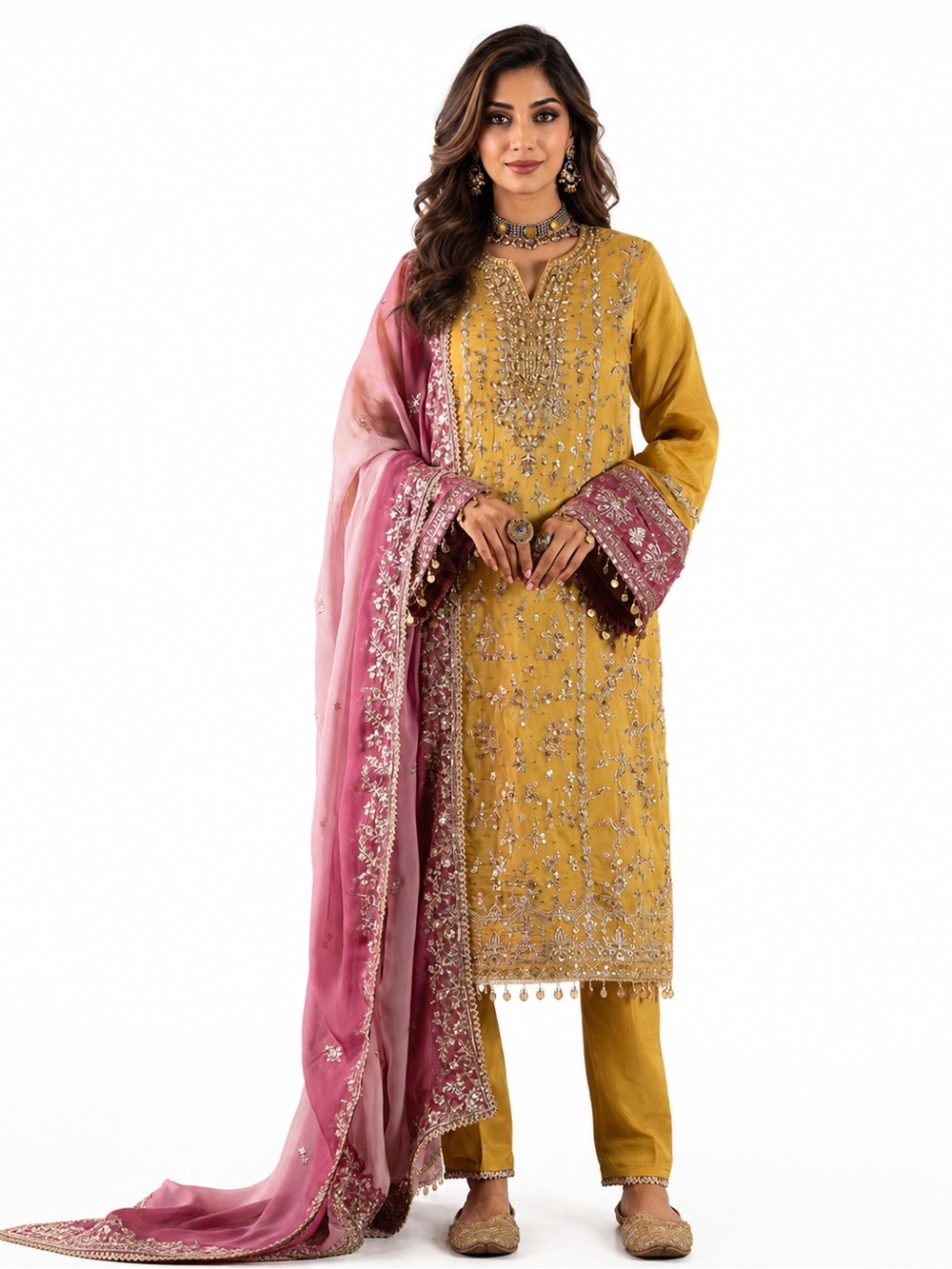 NWT Lashkaraa L 40 Mustard Pink Embroidered Salwar Kameez 3pc Wedding Zari